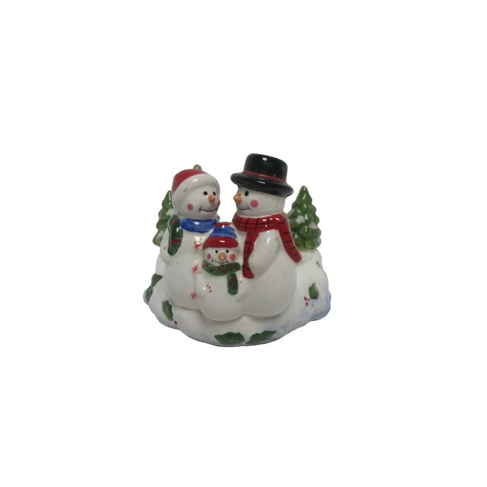 NEW HOME INTERIORS 2 PIECE SNOWMAN DECORATIVE CANDLE JAR TOPPER & BASE HOLDER